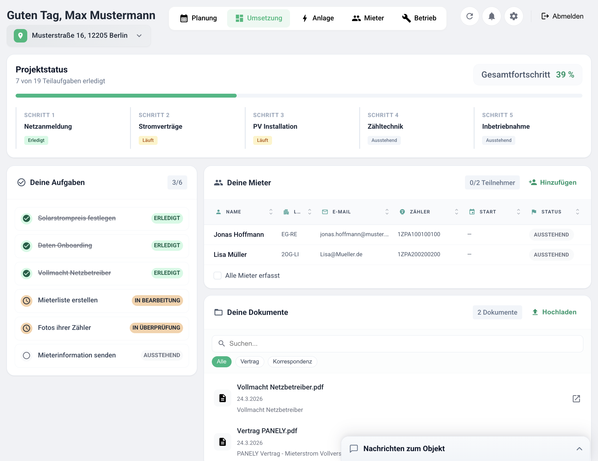 PANELY Eigentümer-Dashboard: Projektstatus, Aufgaben, Mieterliste und Dokumente
